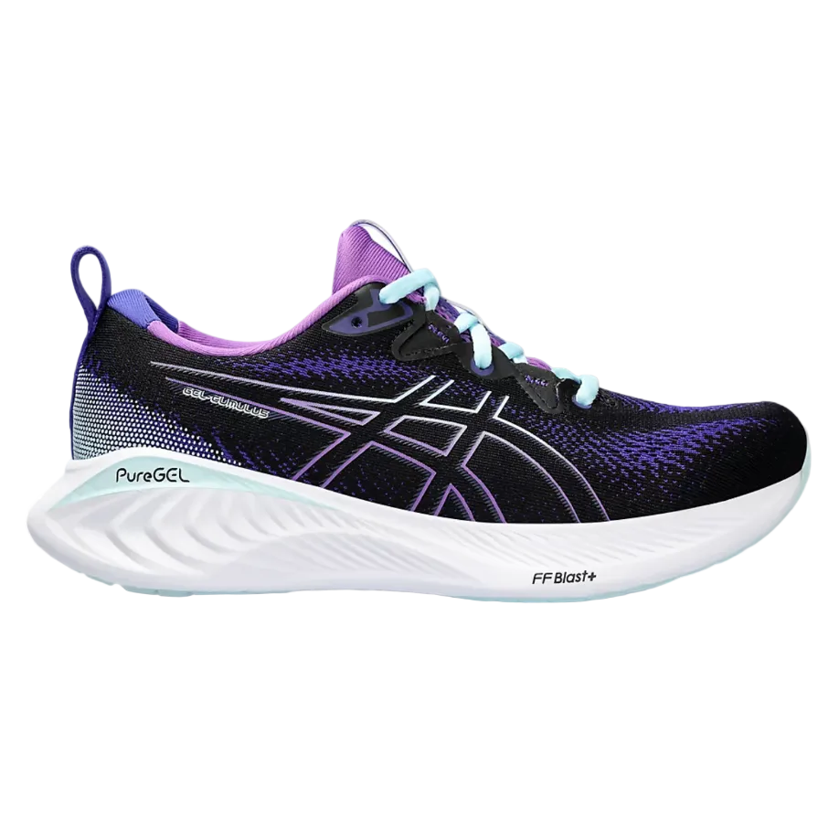 Black and purple running shoe with white sole on a white background