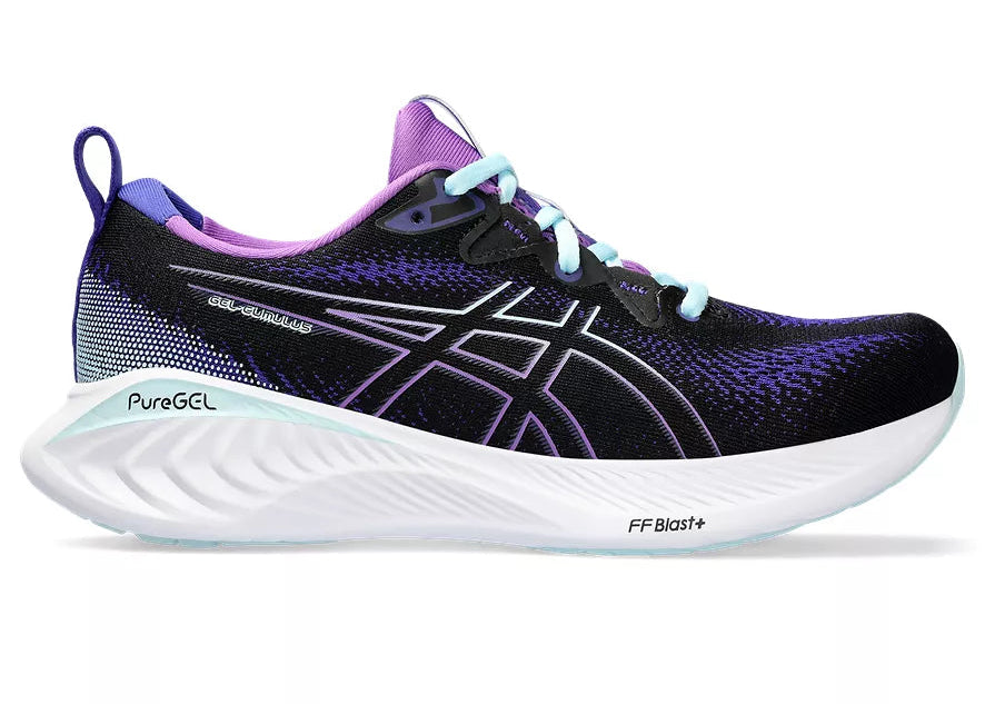 Asics Gel Cumulus 25 running shoe for women in black and aquamarine colors with mesh upper and cushioned sole.