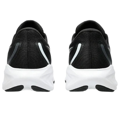 Black running shoes with white soles on a white background
