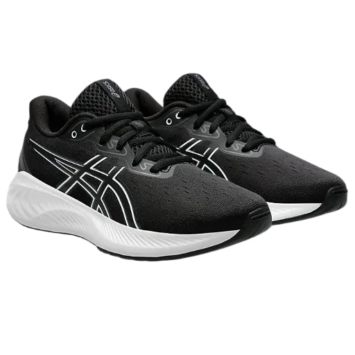 Black running shoes with white soles on a white background