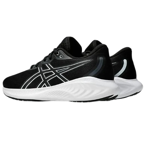 Black and white running shoes with a prominent brand logo on a white background