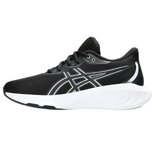 Black running shoe with white sole on a white background