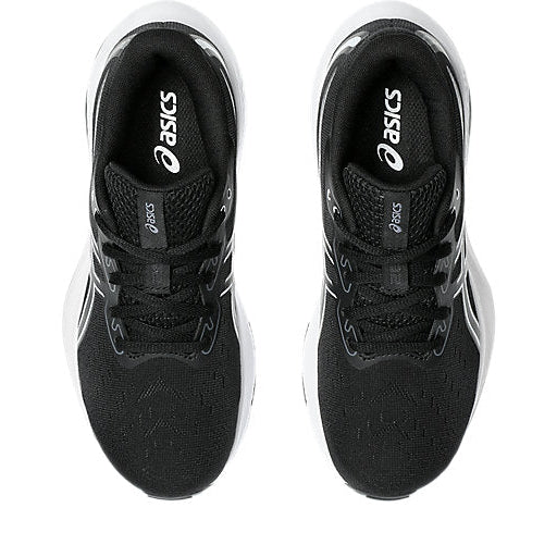 Black running shoes with Asics logo on a white background