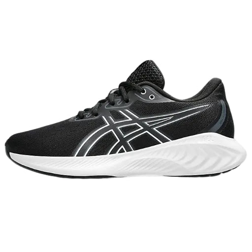 Black running shoe with white sole on a white background
