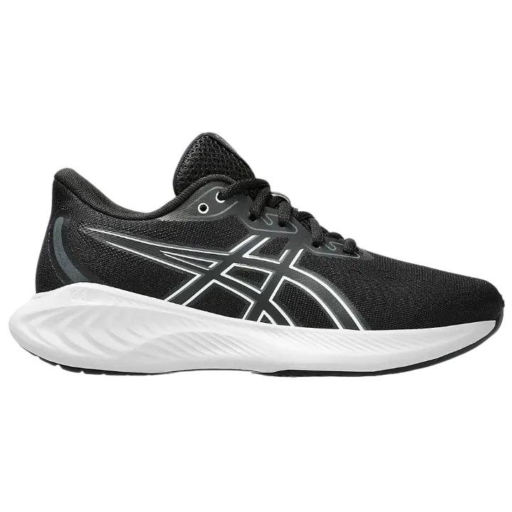 Kids' Asics Gel Cumulus 26 running shoes in black and white color scheme, featuring mesh upper material, midsole foam, and a rubber outsole.