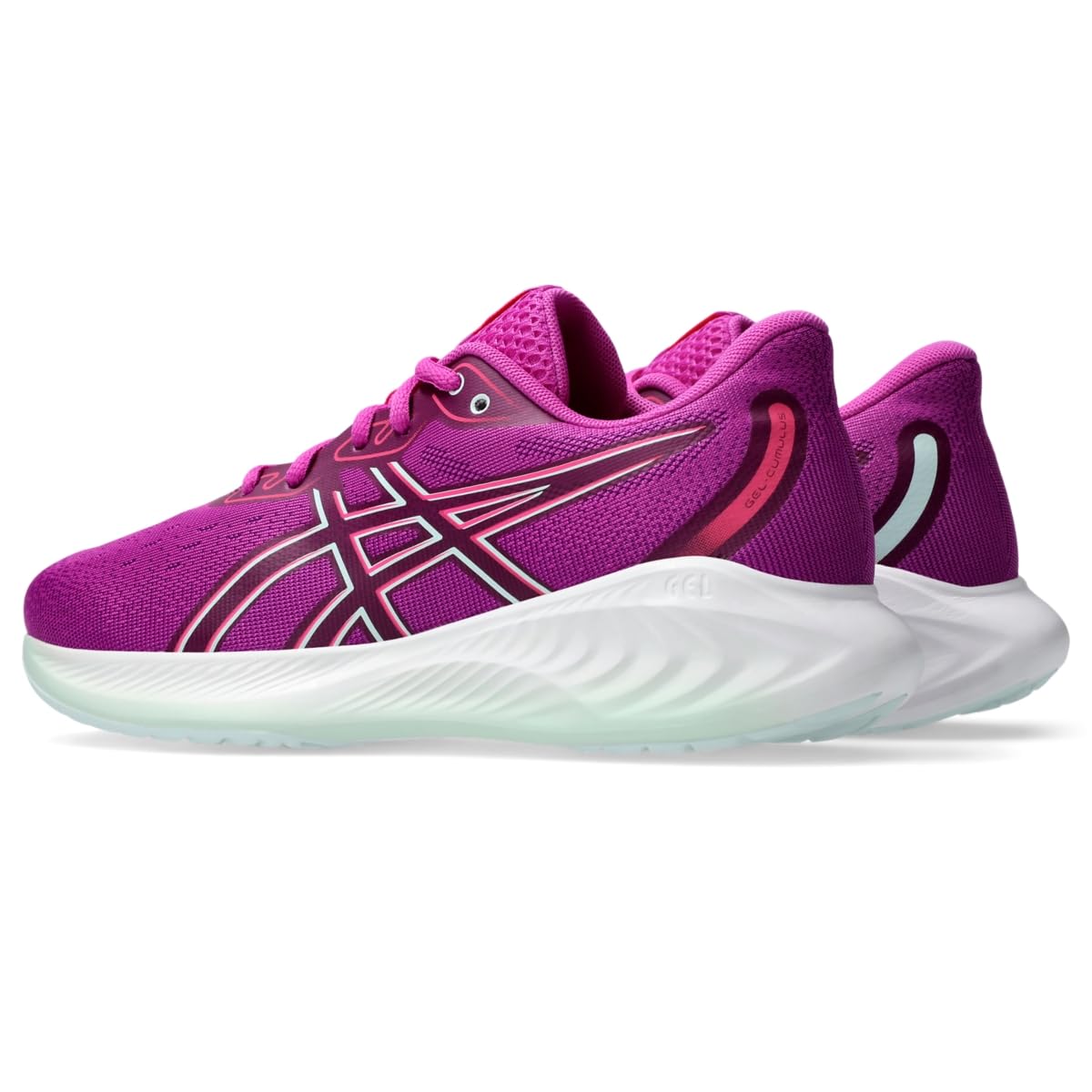 Purple running shoes with white sole on a white background