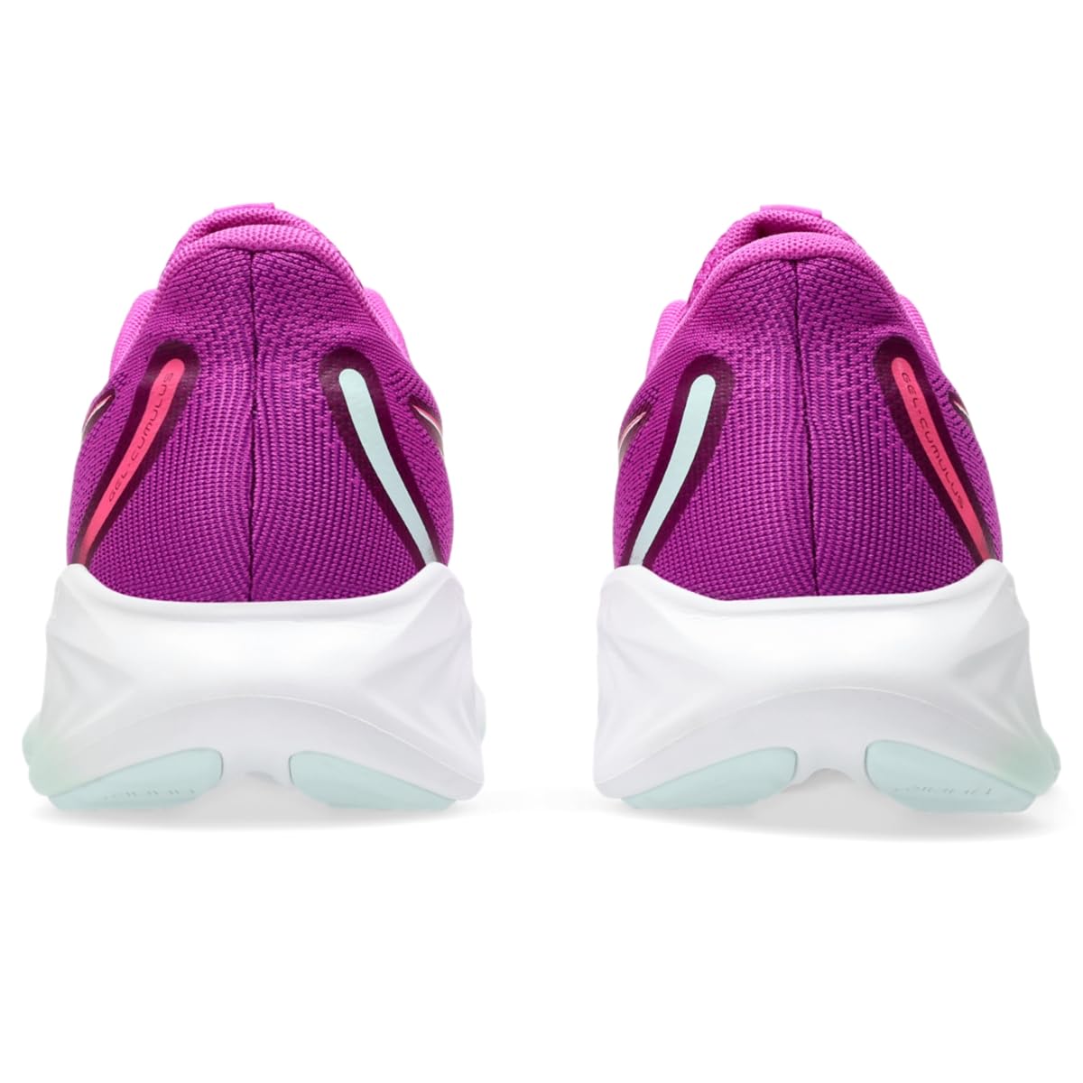 Purple running shoes with white soles on a white background
