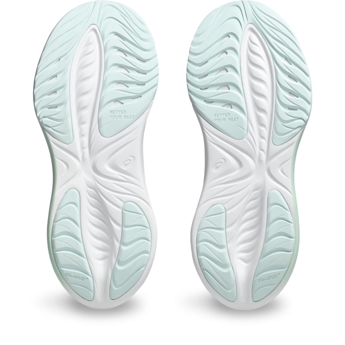 Close-up of the sole of a shoe with a light blue and white design on a white background