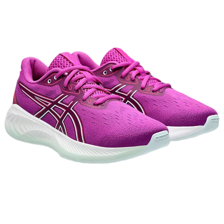 Kids' Asics Gel Cumulus 26 running shoes in Bold Magenta and Soothing Sea colors, featuring a mesh upper, cushioned midsole and white outsole.