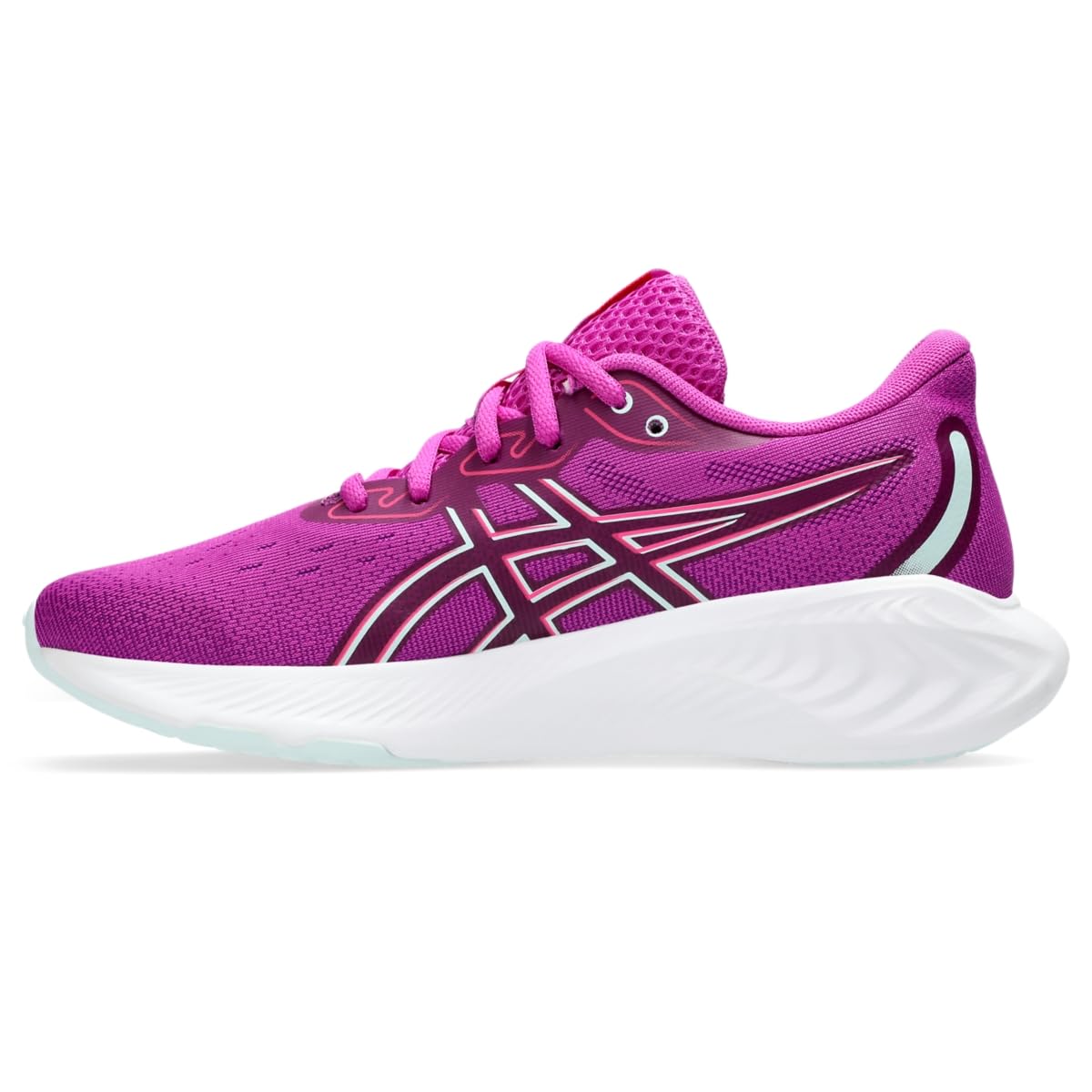 Pink running shoe with white sole on a white background