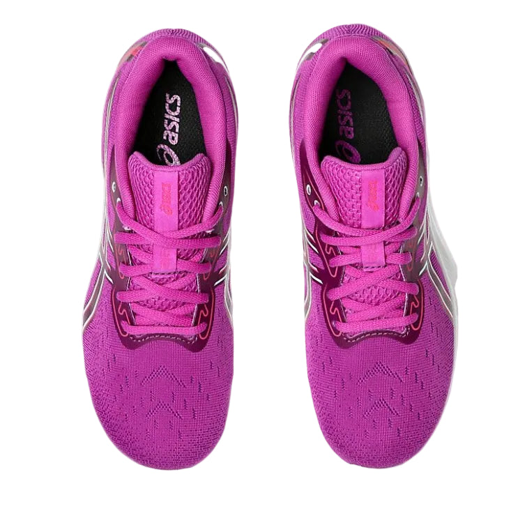 Pair of pink running shoes with a white background