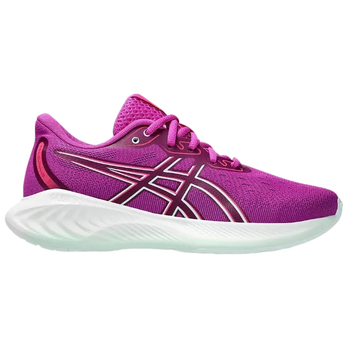 Kids' Asics Gel Cumulus 26 running shoes in Bold Magenta and Soothing Sea colors, featuring a mesh upper, cushioned midsole and white outsole.