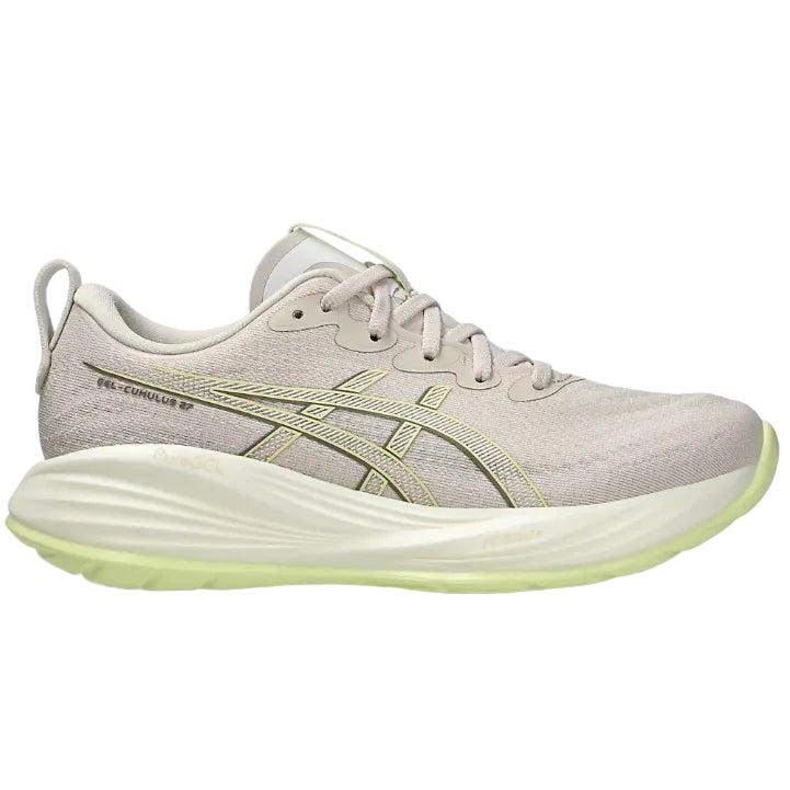 Light gray running shoe with green sole on a white background