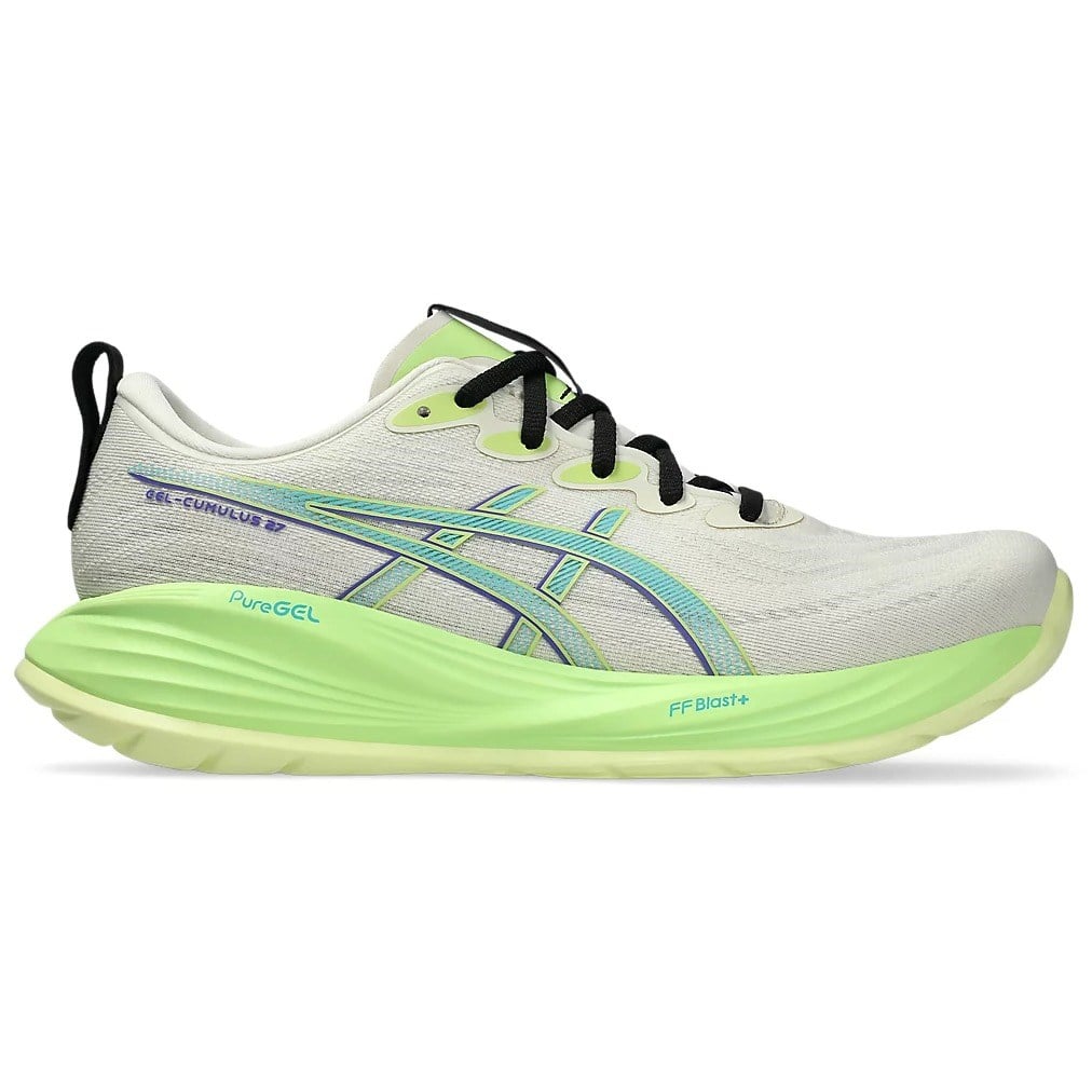 White and green running shoe with black laces on a white background
