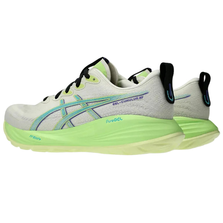White running shoe with green sole on a white background