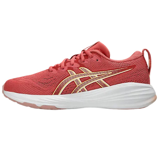 Red running shoe with white sole on a white background