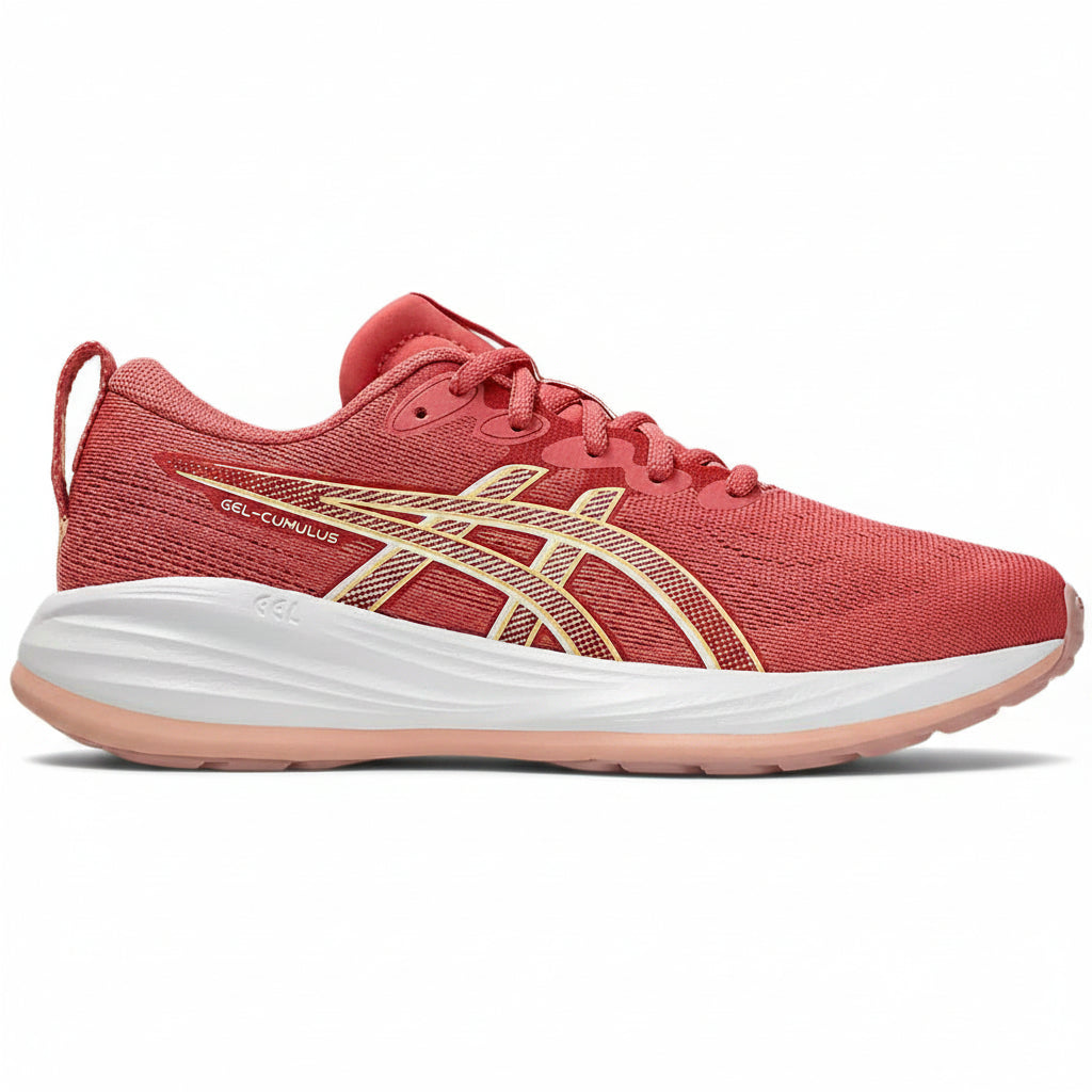 Red running shoe with white sole on a white background