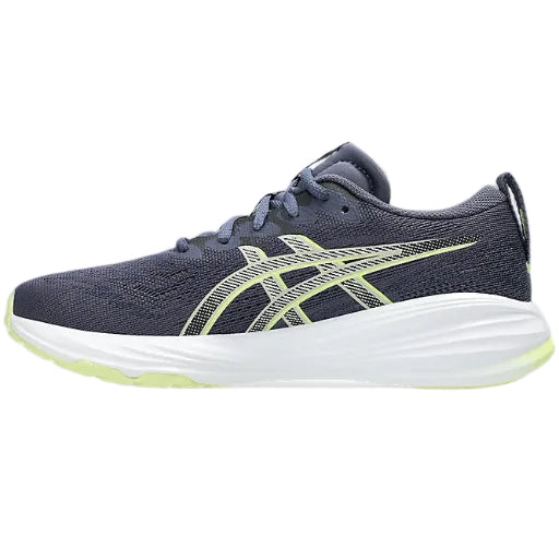 Gray running shoe with yellow accents on a white background