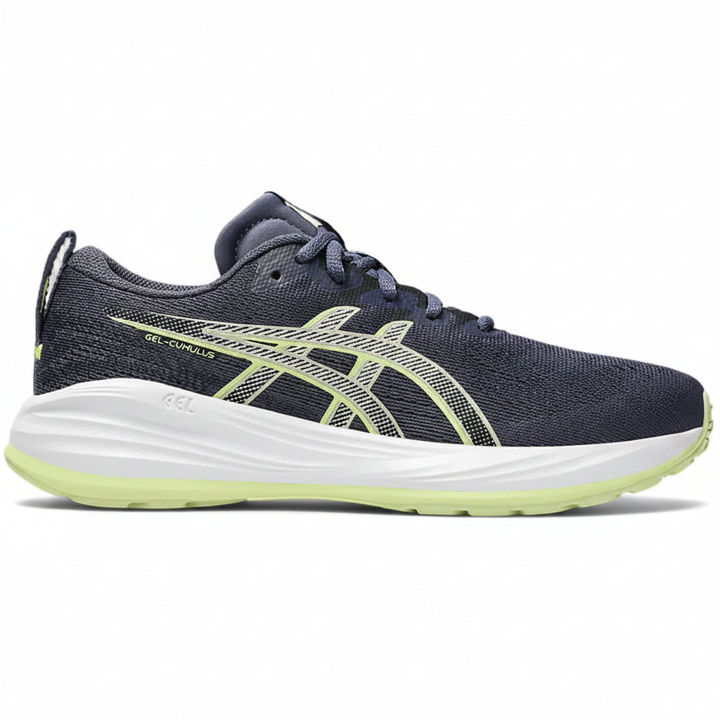 Navy running shoe with white sole and green accents on a white background