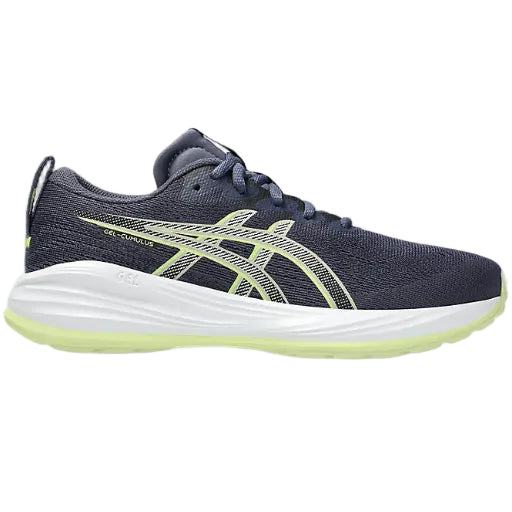 Navy running shoe with white sole and green accents on a white background