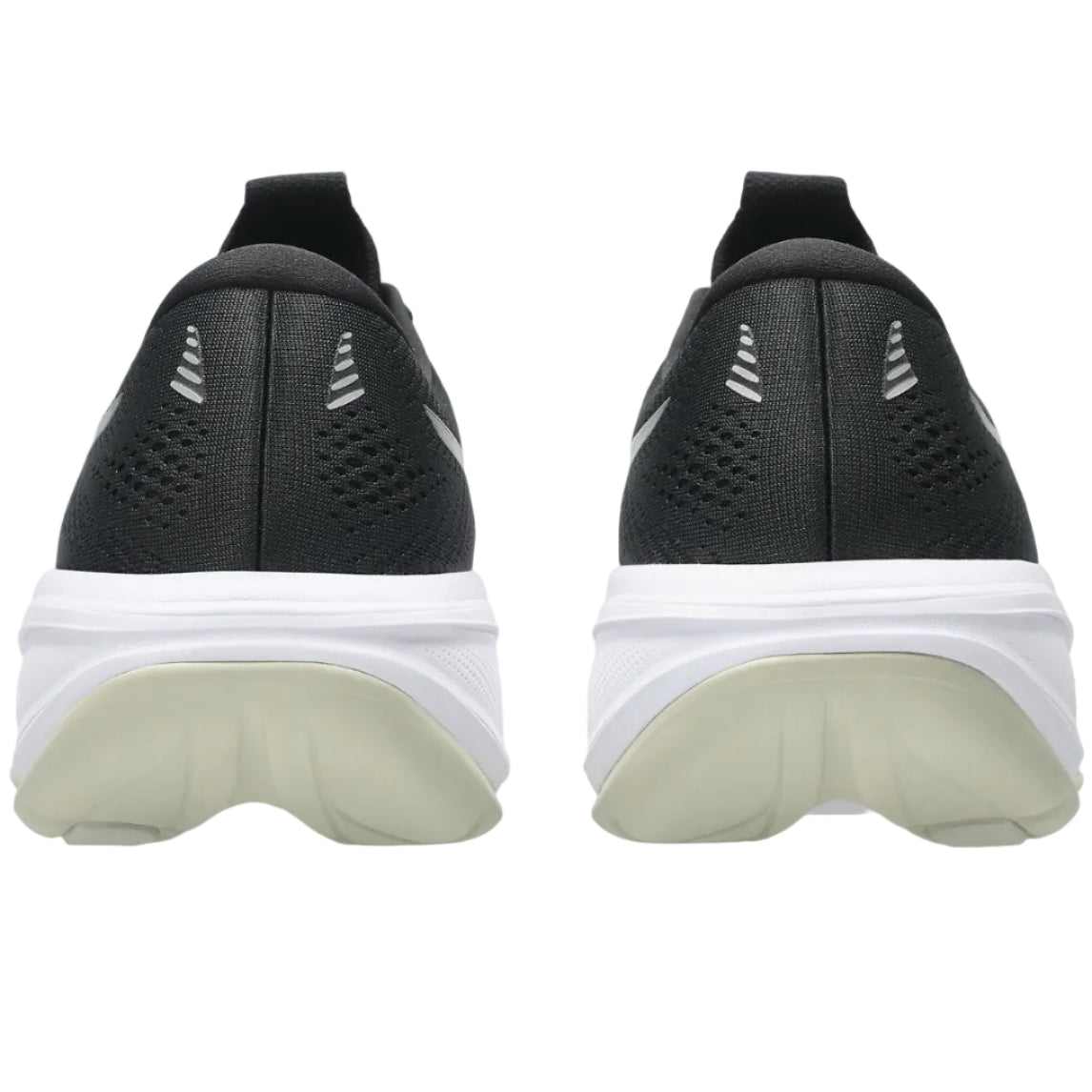 Black running shoes with white sole on a white background