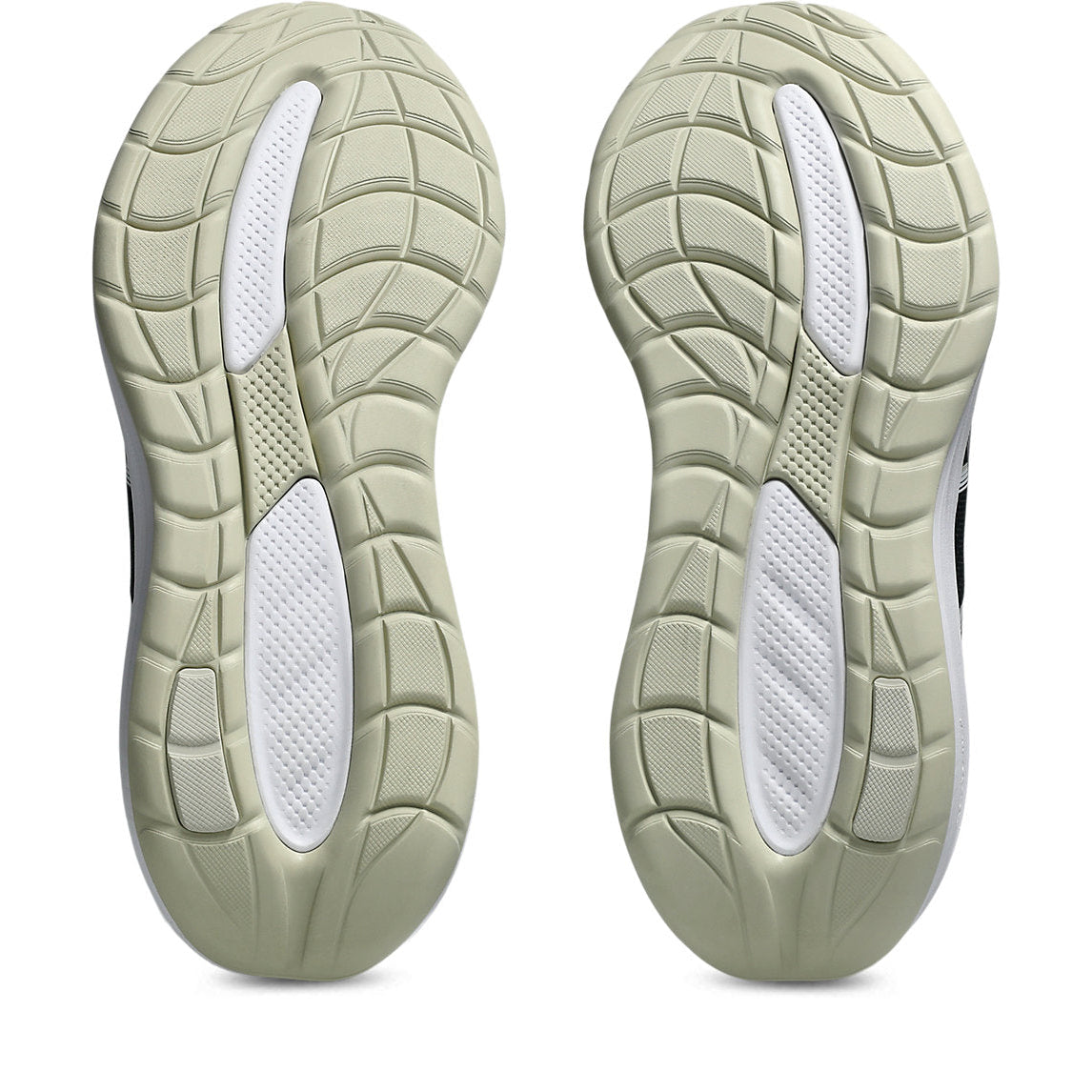 Close-up of a pair of green athletic shoes with tread pattern on a white background