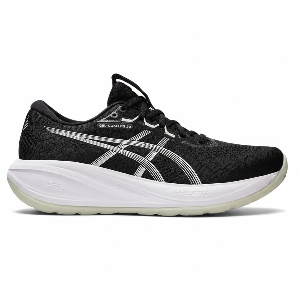 Black running shoe with white sole on a white background