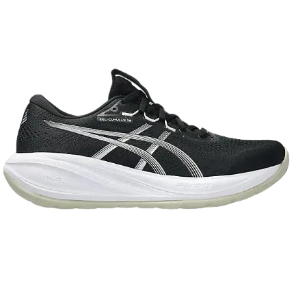 Black running shoe with white sole on a white background