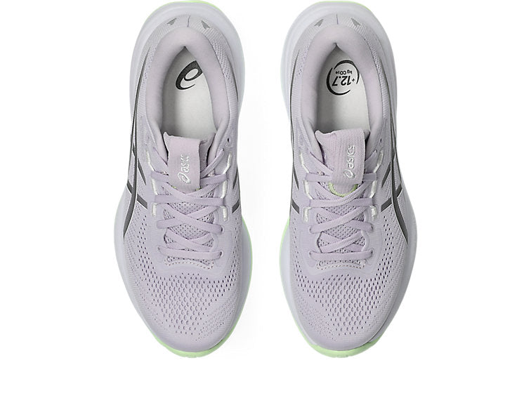 Pair of light gray running shoes with brand logo on a white background