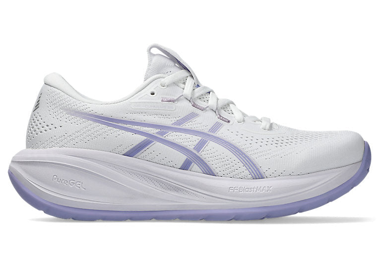 White running shoe with purple accents on a white background
