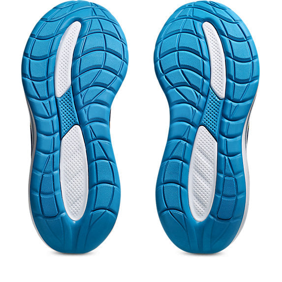 Blue and white sole of a shoe on a white background