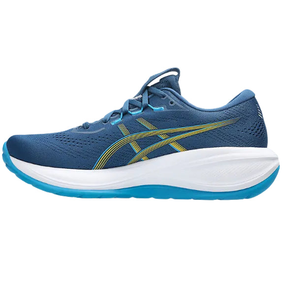 Blue running shoe with white sole on a white background
