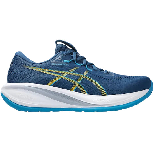Blue running shoe with white sole on a white background