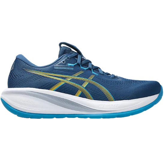 Blue running shoe with white sole on a white background
