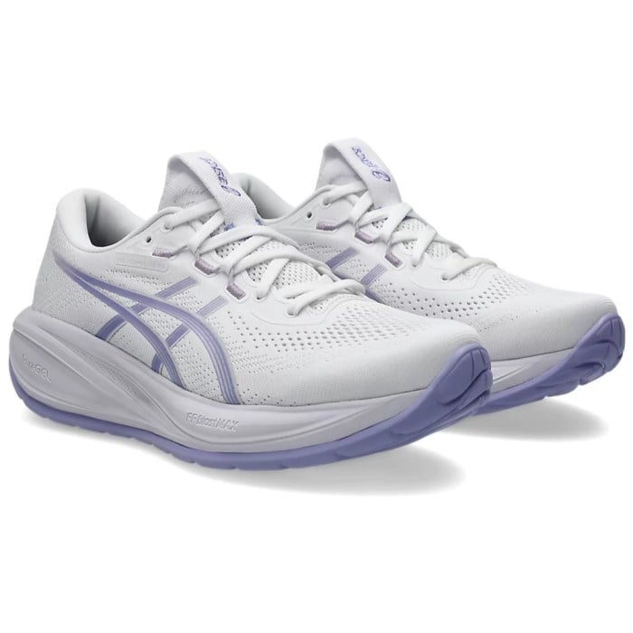 White running shoes with purple accents on a white background