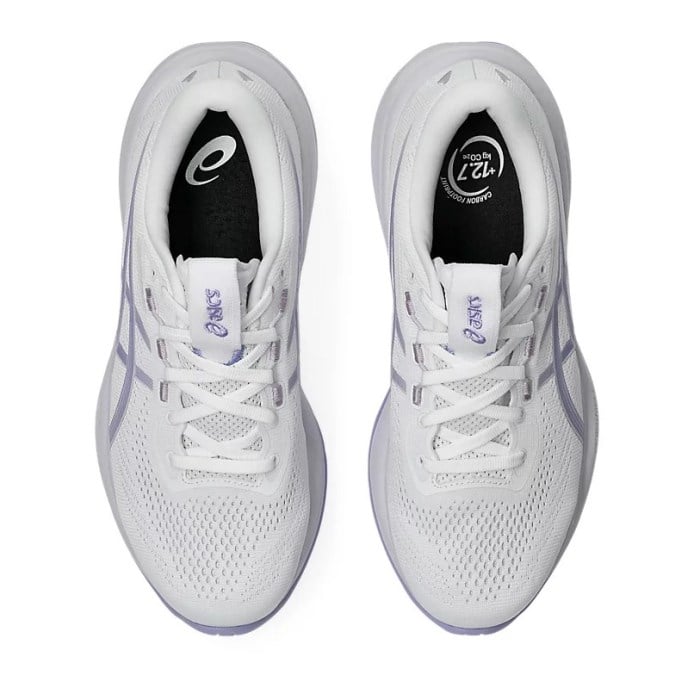 White running shoes with purple accents on a white background