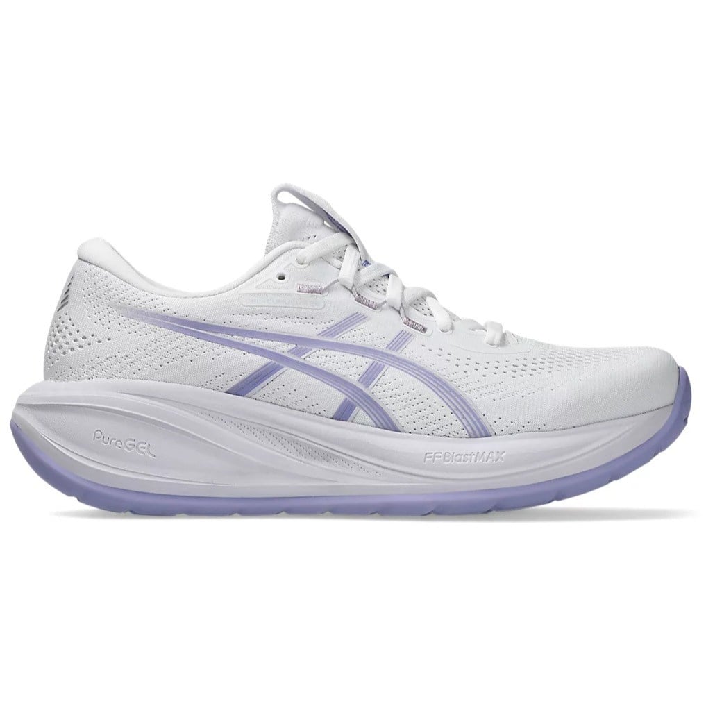 White running shoe with purple accents on a white background