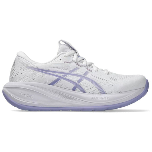 White running shoe with purple accents on a white background