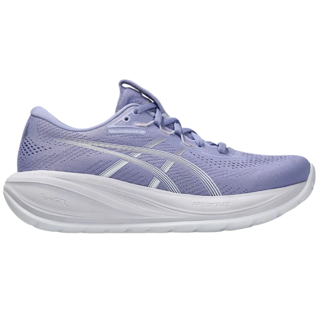 Purple running shoe with white sole on a white background