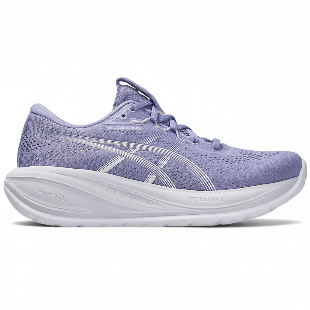 Purple running shoe with white sole on a white background