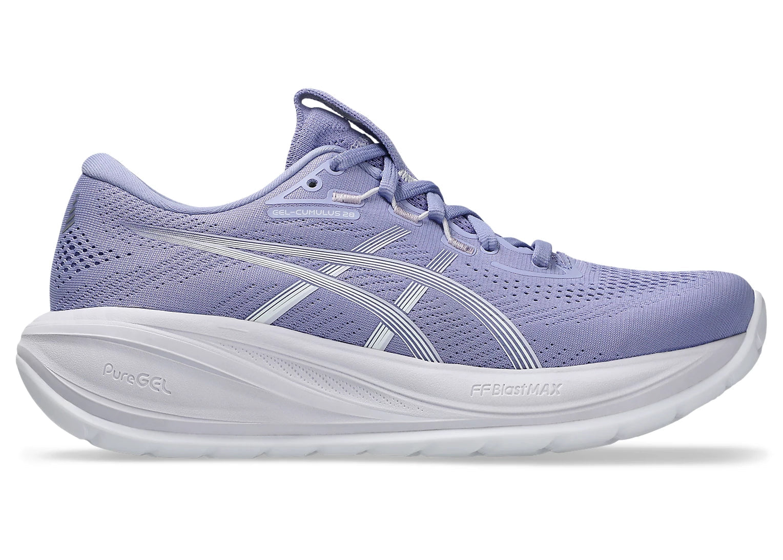 Purple running shoe with white sole on a white background