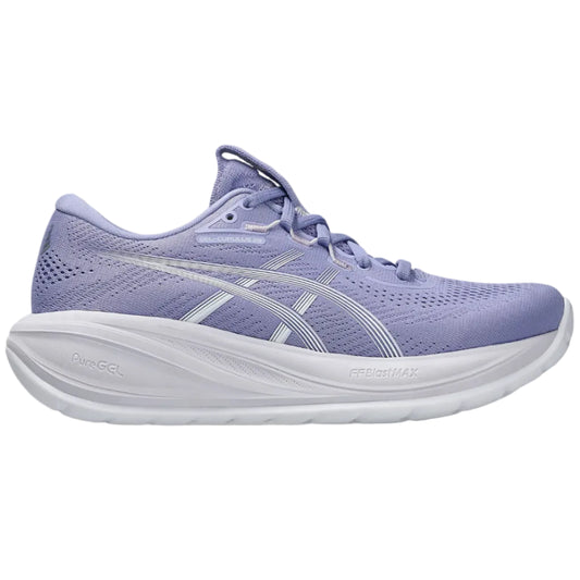 Purple running shoe with white sole on a white background