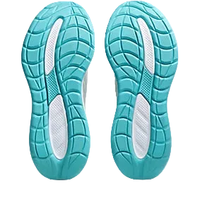 Close-up of blue athletic shoes with white soles on a white background