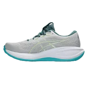 Gray running shoe with teal accents on a white background
