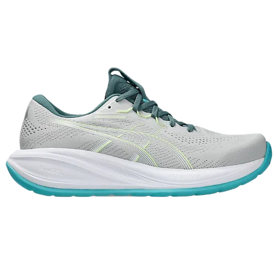 Gray running shoe with teal accents on a white background