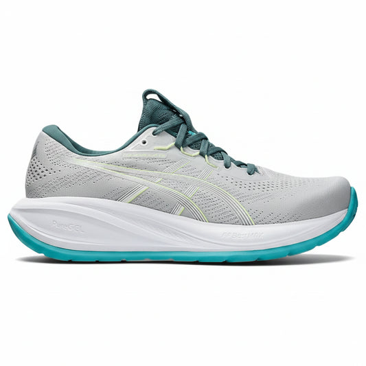 Gray running shoe with teal accents on a white background