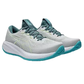 Gray running shoes with teal accents on a white background