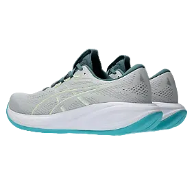 Gray running shoe with teal sole on a white background