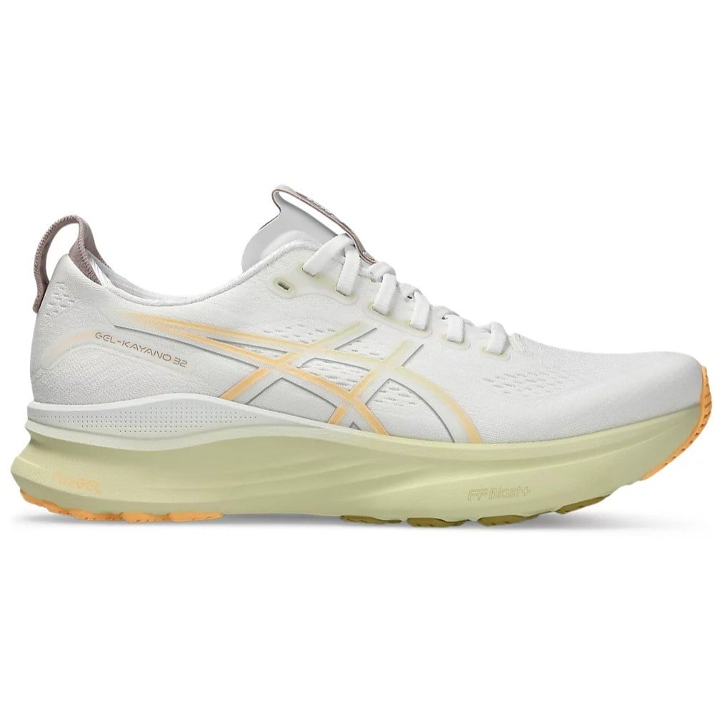 White running shoe with yellow accents on a white background