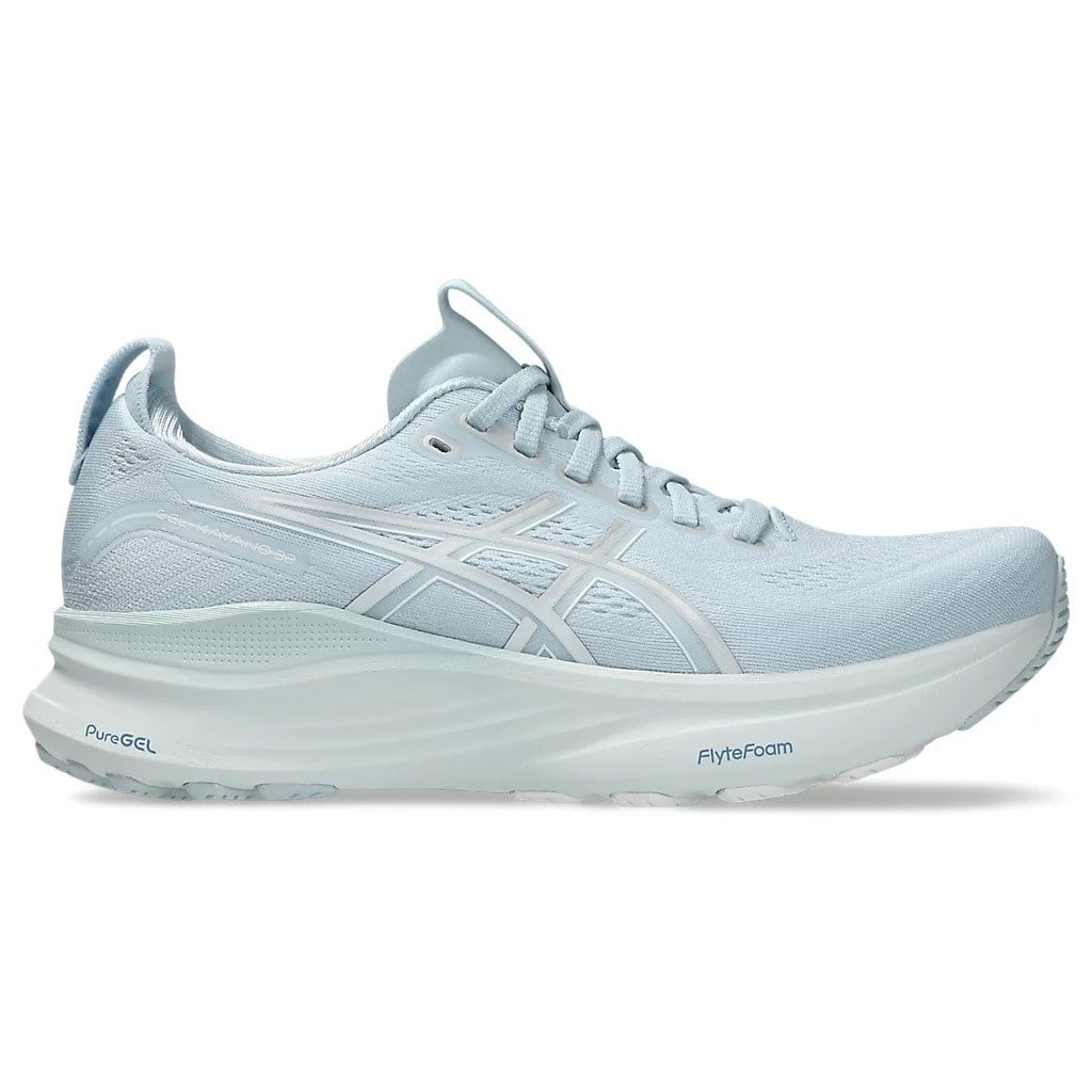 Light blue running shoe with white sole on a white background